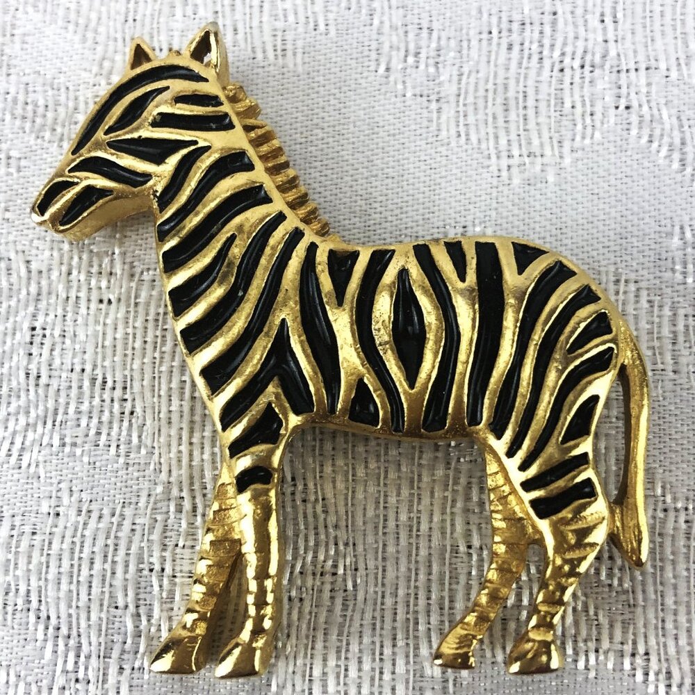 Zebra Vintage Brooch Pendant, Gold -Tone Jewelry with Black Stripes